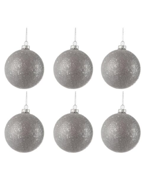 6 palline di Natale rotonde grigie glitterate - D.8 cm