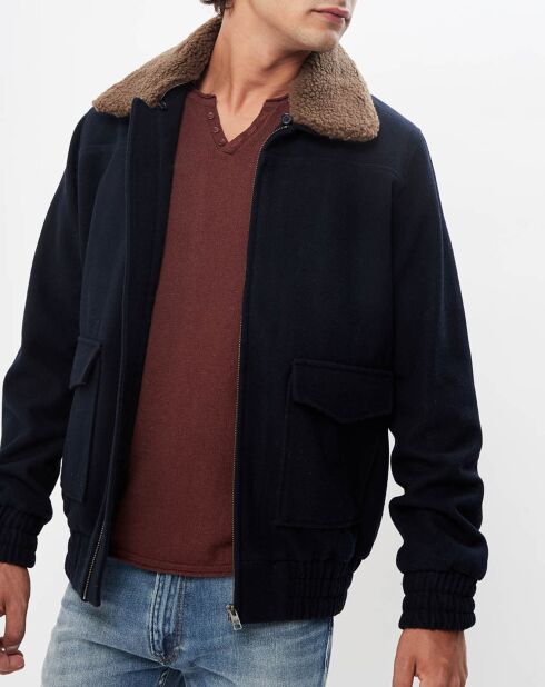 Blouson en Laine mélangée Drako col fausse peau de mouton bleu marine