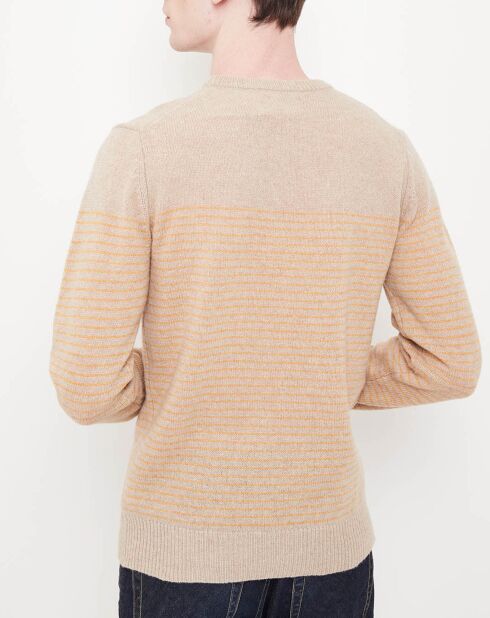 Pull 100% Laine Jacquard à rayures beige/jaune