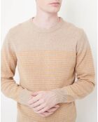 Pull 100% Laine Jacquard à rayures beige/jaune