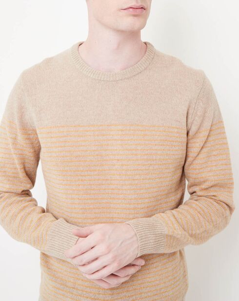 Pull 100% Laine Jacquard à rayures beige/jaune