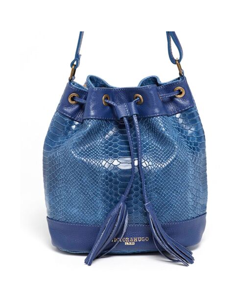 Sac seau en Cuir Cerise bleu jeans - 33x28x14 cm