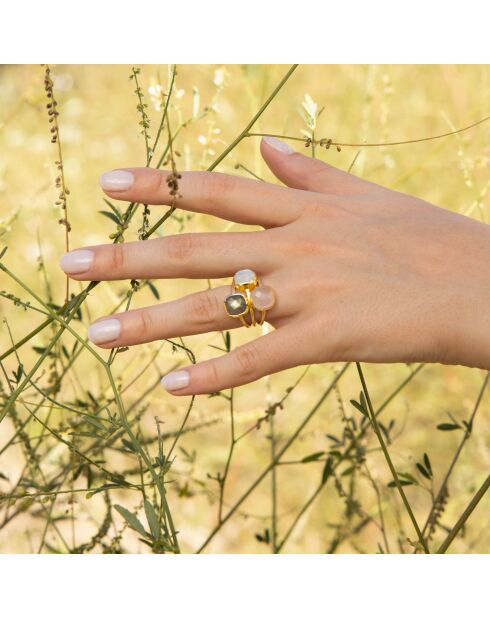 Bague Elsa Quartz, Labradorite et Cristal en laiton doré