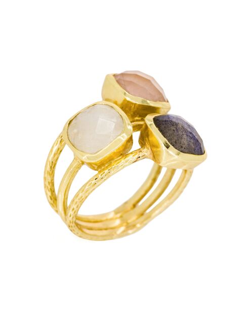 Bague Elsa Quartz, Labradorite et Cristal en laiton doré