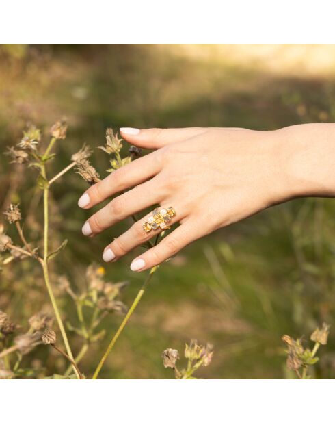 Bague Maya Labradorite grise & Pierre de lune en laiton doré