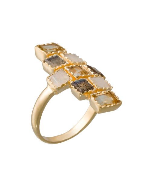 Bague Maya Labradorite grise & Pierre de lune en laiton doré