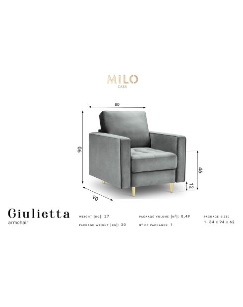 Fluwelen fauteuil Elio donkergrijs - 93x100x97 cm