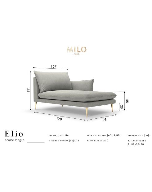 méridienne en Velours droite Elio gris foncé - 170x107x97 cm