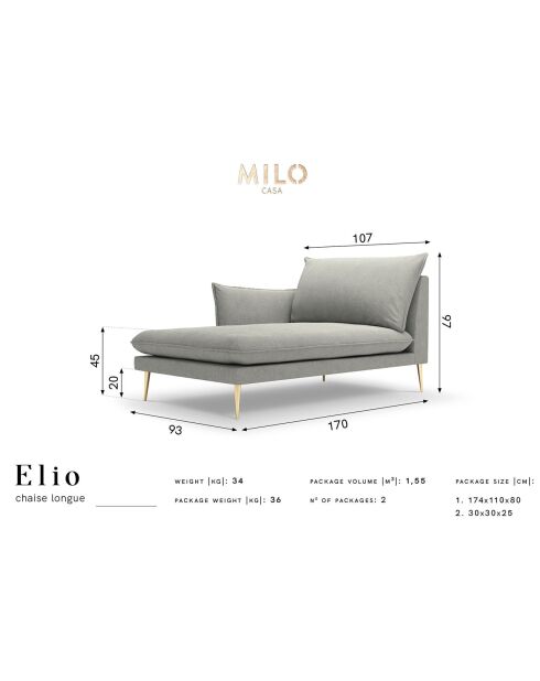 méridienne en Velours gauche Elio gris clair - 170x107x97 cm