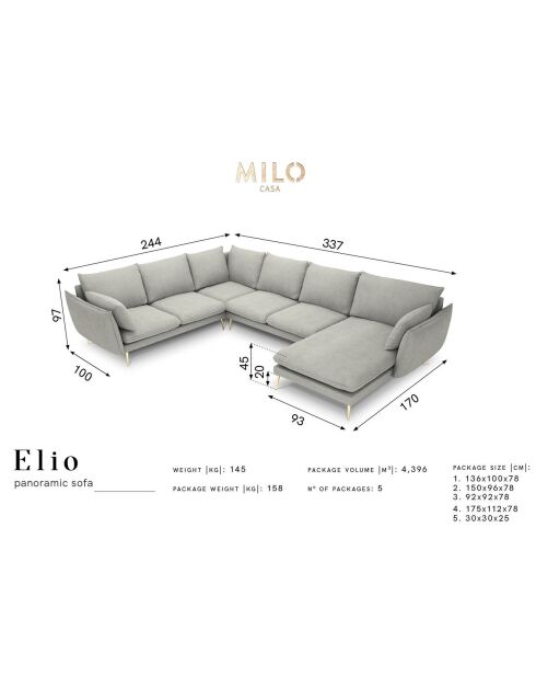 Canapé d'angle droit panoramique Elio beige - 337x244x95 cm