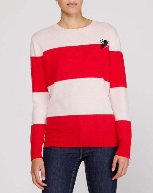 Pull en Laine & Cachemire Norma rayé col rond rose/rouge