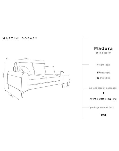 Canapé 2 places velours madara beige - 172x102x90 cm