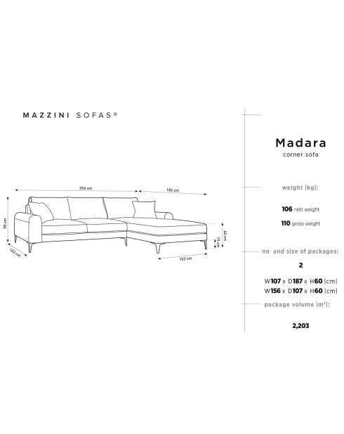 Canapé d'angle droit velours madara beige - 254x182x90 cm