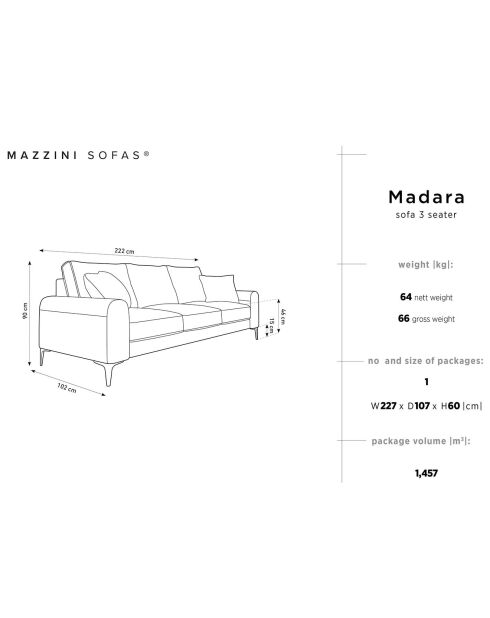 Canapé 3 places velours madara beige - 222x102x90 cm