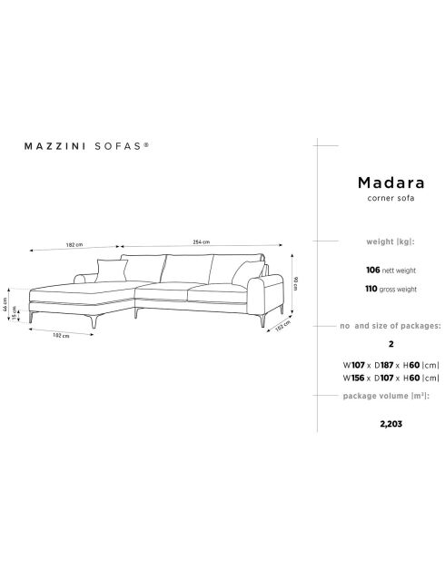 Canapé d'angle gauche velours madara gris - 254x182x90 cm