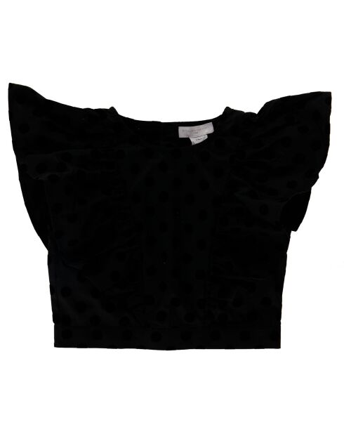 Schwarze, beflockte, gepunktete Kurzbluse