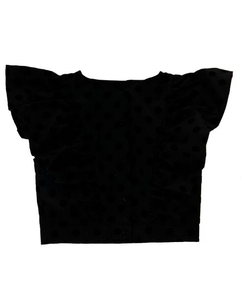 Schwarze, beflockte, gepunktete Kurzbluse