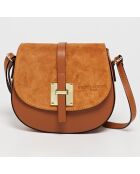 Jara schoudertas van camel leer en fluweel - 22x18x6 cm