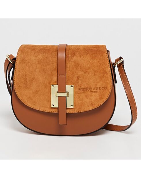 Jara Schultertasche aus kamelfarbenem Leder und Samt - 22x18x6 cm