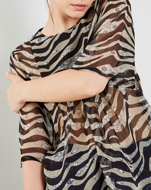 Blouse 100% Soie Juliano imprimée transparente beige/noir