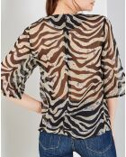 Blouse 100% Soie Juliano imprimée transparente beige/noir