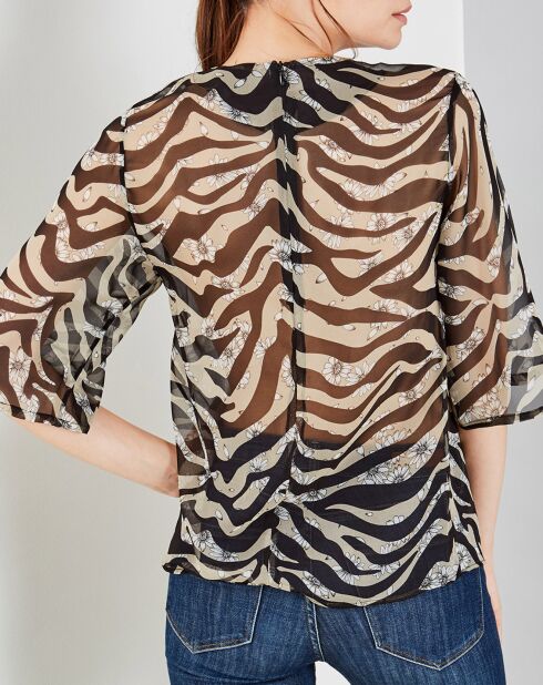 Blouse 100% Soie Juliano imprimée transparente beige/noir