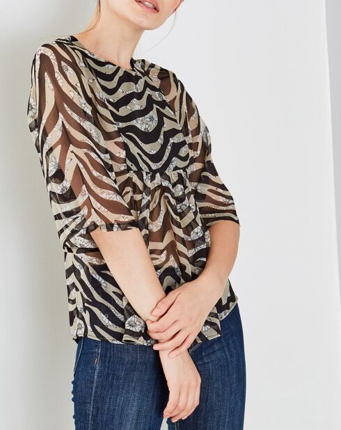 Blouse 100% Soie Juliano imprimée transparente beige/noir
