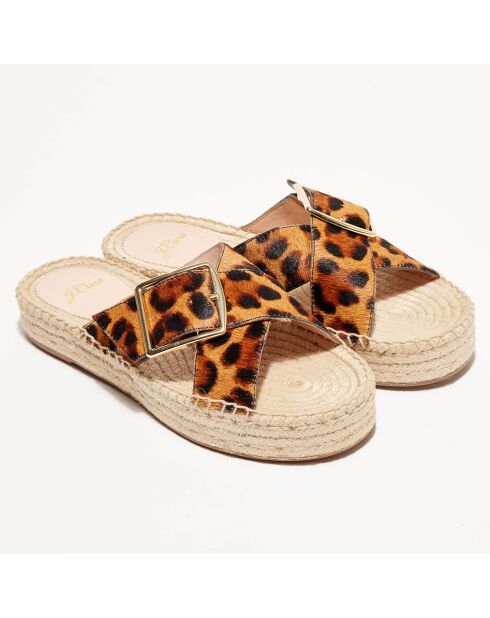 Mules espadrillas marroni in pelle di cavallino leopardato