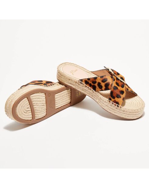 Mules espadrillas marroni in pelle di cavallino leopardato