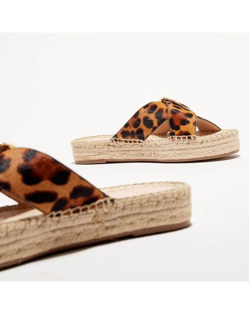Mules espadrillas marroni in pelle di cavallino leopardato