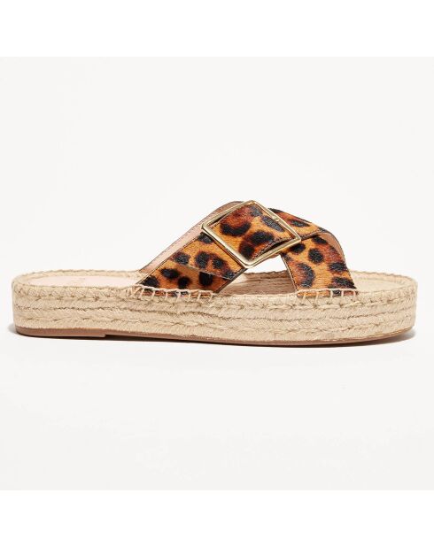 Mules espadrillas marroni in pelle di cavallino leopardato