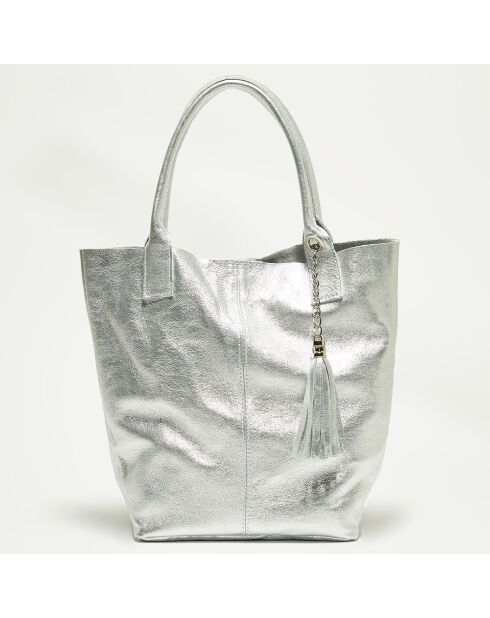 Zilverkleurige leren draagtas van Yana - 37x25x35 cm