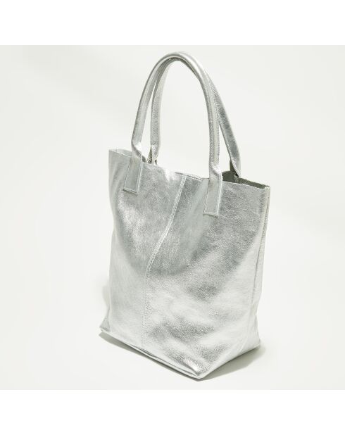 Zilverkleurige leren draagtas van Yana - 37x25x35 cm