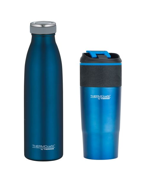 Set Gourde isotherme bouchon à vis + Mug Tumbler Julie bleus - 45 cl/50 cl