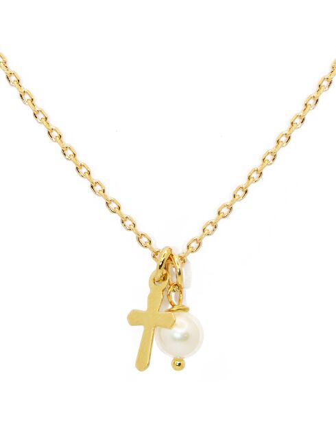 Collier Lylo Croix en laiton doré & Perle blanche