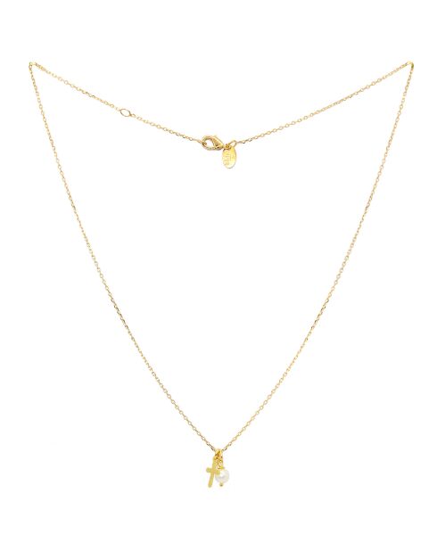 Collier Lylo Croix en laiton doré & Perle blanche