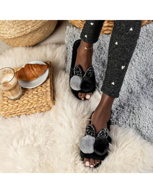 Chaussons en fausse fourrure Evelyn noirs