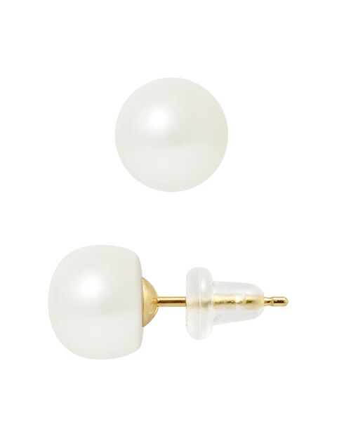 Boucles d'oreilles Puces en Or jaune & Perles d'Eau Douce boutons blanc naturel Ø 8-9 mm