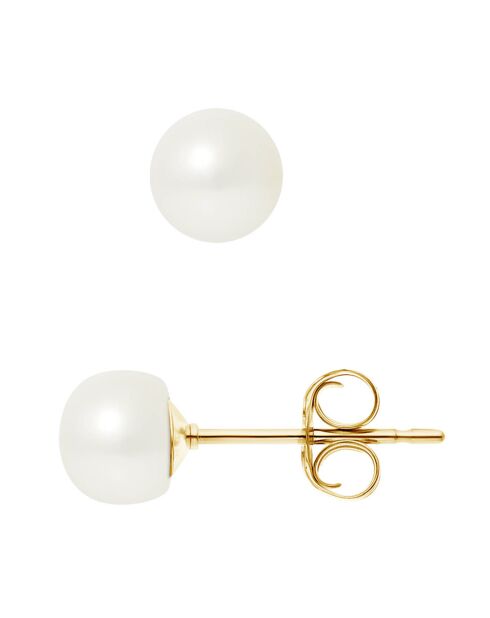 Boucles d'oreilles Puces en Or jaune & Perles d'Eau Douce boutons blanc naturel Ø 6-7 mm