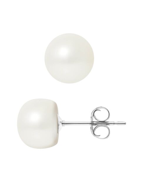 Boucles d'oreilles Puces en Or blanc & Perles d'Eau Douce boutons blanc naturel Ø 9-10 mm