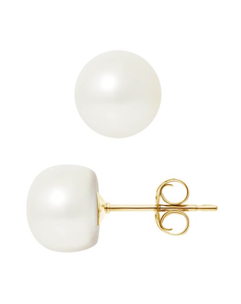 Boucles d'oreilles Puces en Or jaune & Perles d'Eau Douce boutons blanc naturel Ø 9-10 mm