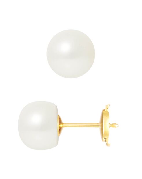 Prestige oorknopjes in geelgoud en zoetwaterparels met natuurlijke witte knopen Ø 8-9 mm