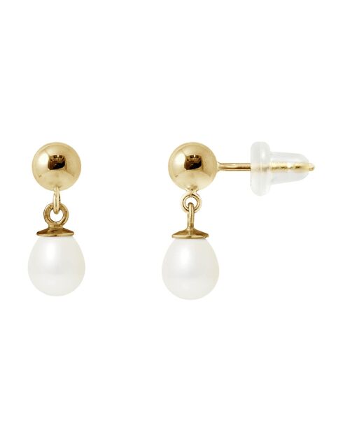 Boucles d'oreilles Boules en Or jaune & Perles d'Eau Douce poires blanc naturel