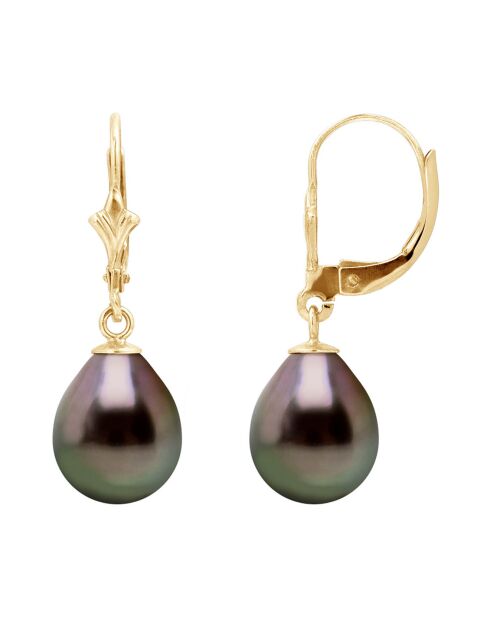 Boucles d'Oreilles Dormeuses en Or jaune & Perles de Tahiti poires