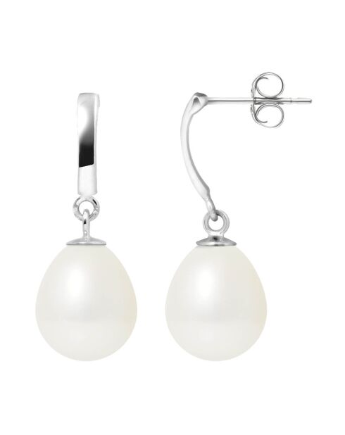 Pendientes de oro blanco y pera blanca natural de agua dulce