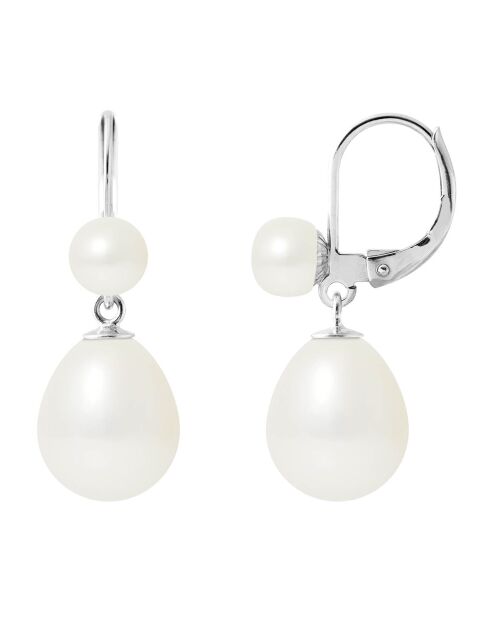 Boucles d'Oreilles Double en Or blanc & Perles d'Eau Douce poires blanc naturel