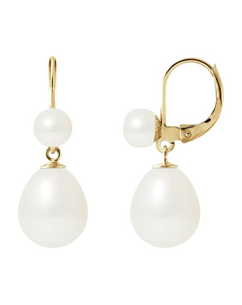 Dubbele oorbellen van geelgoud en zoetwaterparels met natuurlijke witte knoop