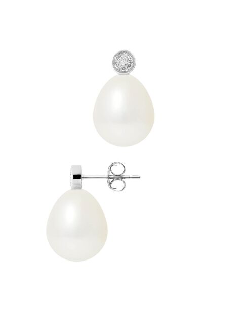 Boucles d'Oreilles Goutte en Or blanc, Diamants 0.02 ct & Perles d'Eau Douce poires blanc naturel