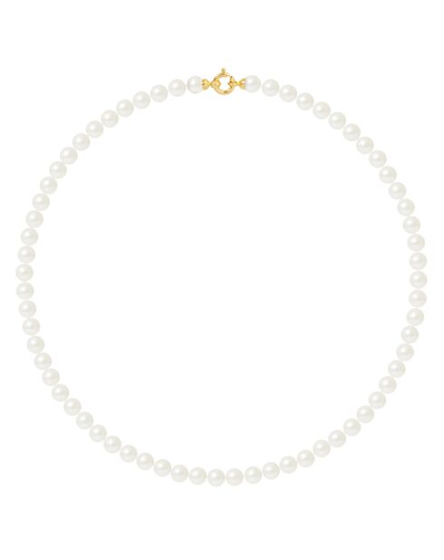 Geelgouden ringketting en natuurlijke witte ronde zoetwaterparels Ø 6-7 mm