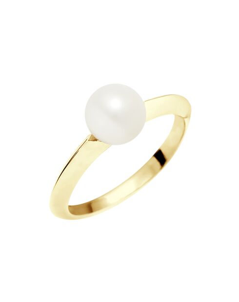 Geelgouden solitairering en natuurlijke witte ronde zoetwaterparel